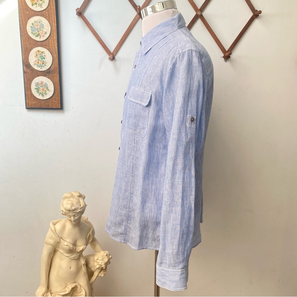 Elie Tahari Linen Pinstriped Button Up Shirt With Pockets - Picture 8 of 16